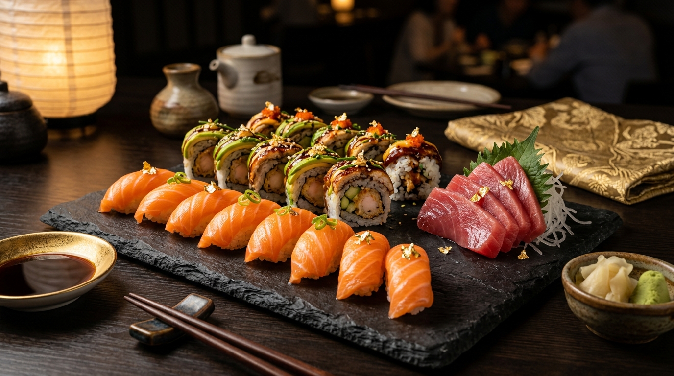 Plato gourmet de Komo Sushi con salmón y rolls